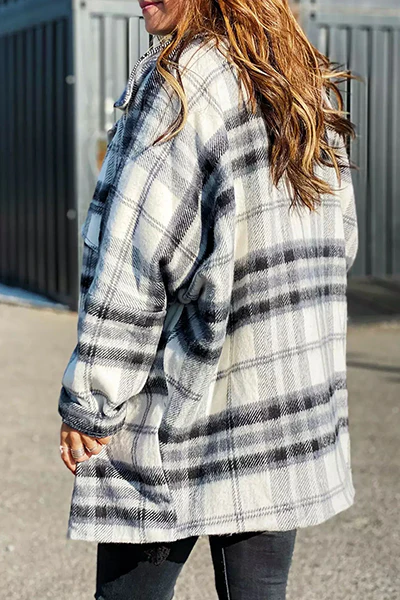 Casual Plaid Pocket Buckle Turndown Collar Outerwear - Panekey