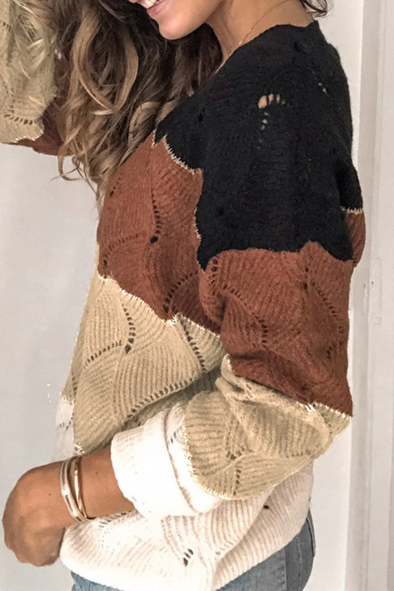 Casual Patchwork Contrast V Neck Tops Sweater - Panekey