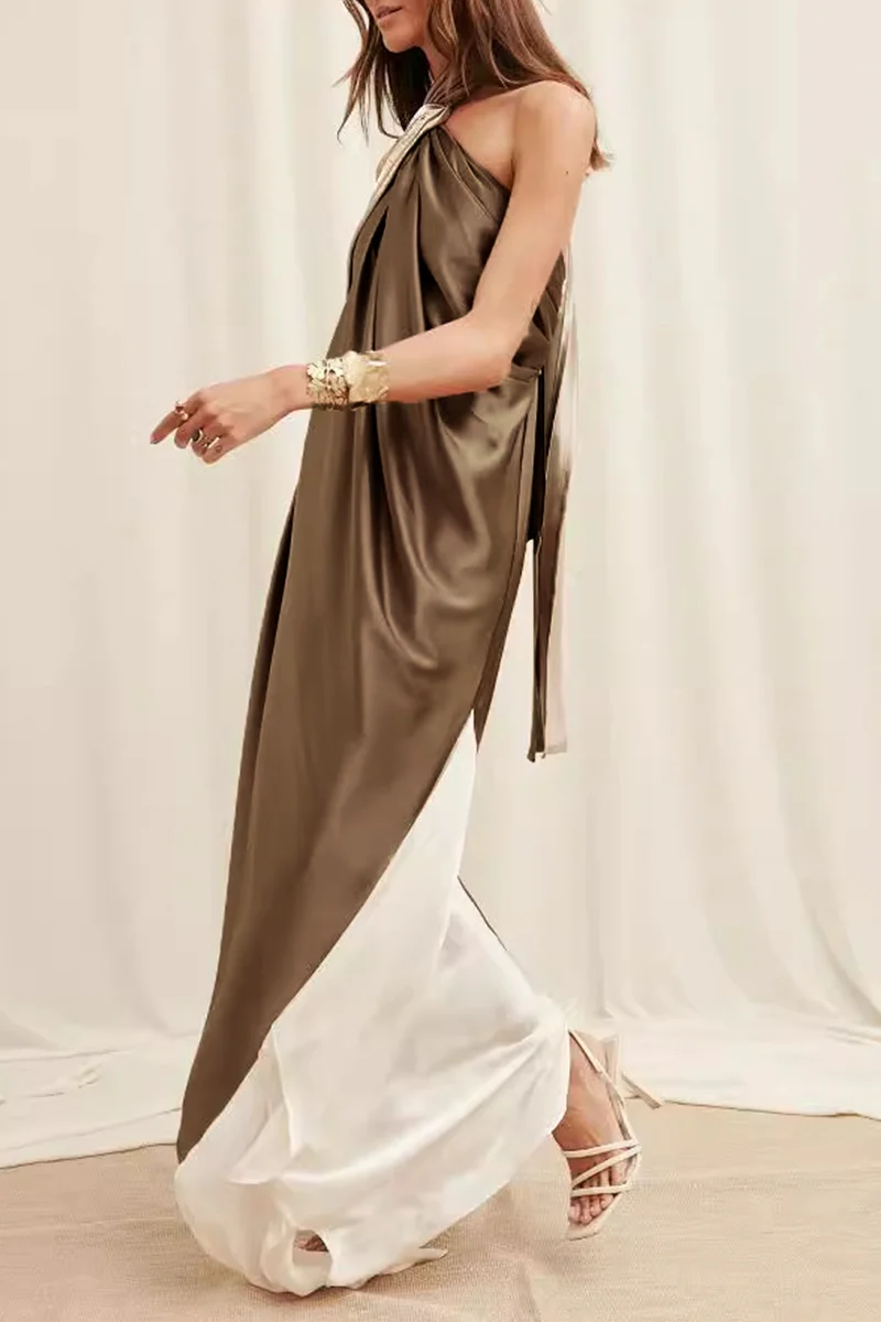 Casual Colorblock Patchwork Irregular Contrast Halter Irregular Dresses - Panekey