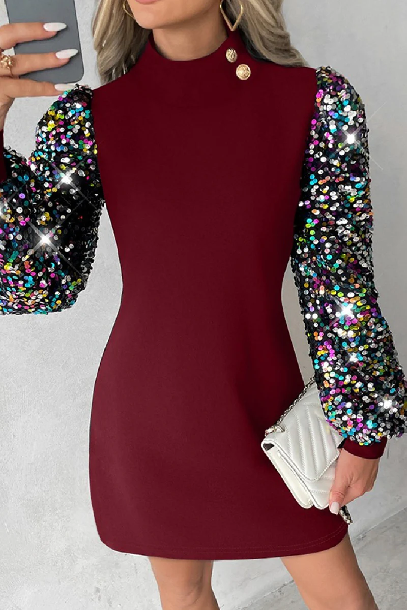 Casual Patchwork Hollowed Out Sequins Half A Turtleneck Long Sleeve Dresses - Panekey