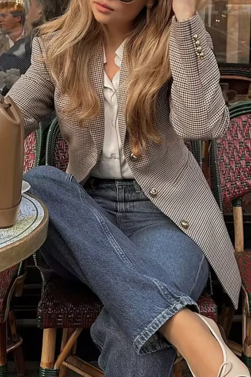 Casual Plaid Buttons Patchwork Contrast Turn-back Collar Outerwear - Panekey