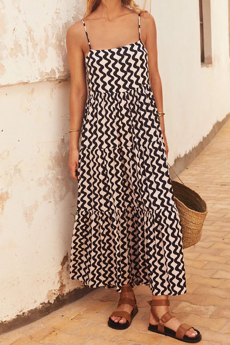Casual Geometric Print Flounce Square Collar Sling Dresses - Panekey
