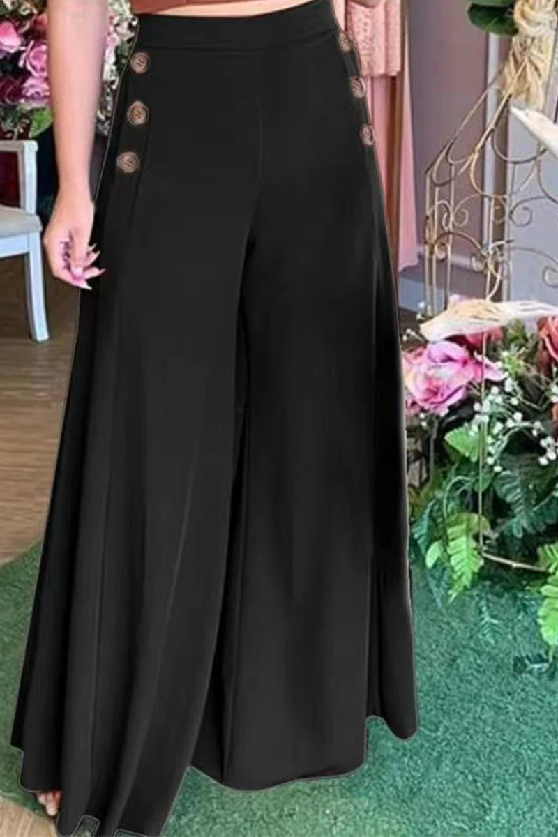 Casual Elegant Solid Buttons Loose Wide Leg Solid Color Bottoms(3 Colors) - Panekey