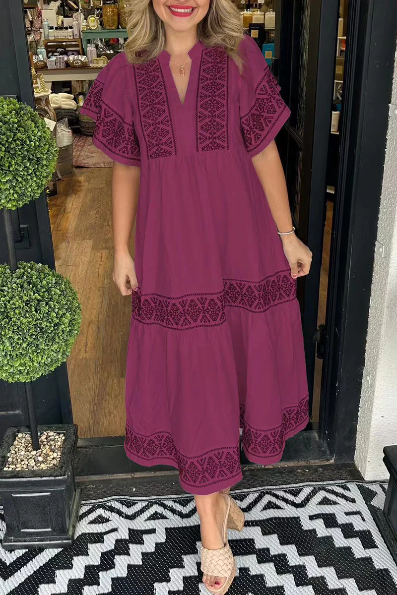 Casual Geometric Print Patchwork V Neck A Line Short Sleeve Dress(7 Colors) - Panekey