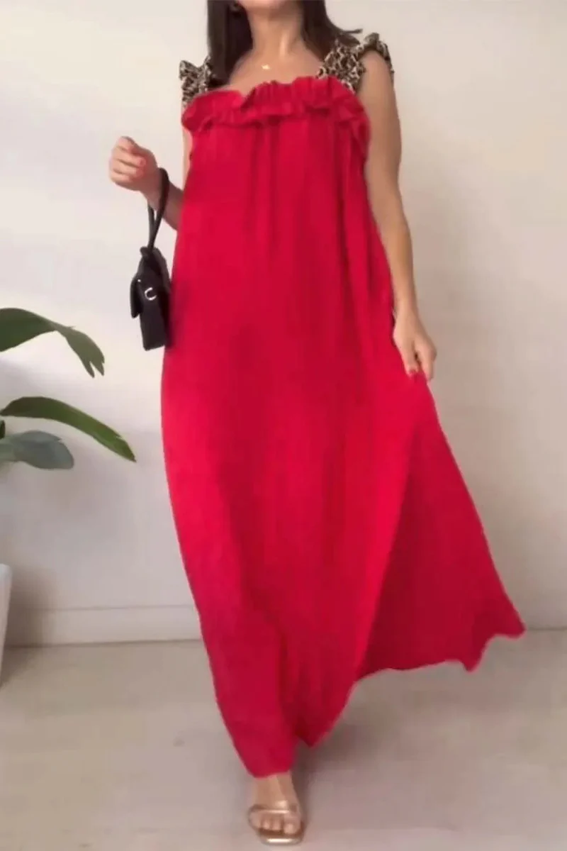 Casual Leopard Pocket Patchwork Flounce Square Neck Long Dresses(8 Colors) - Panekey