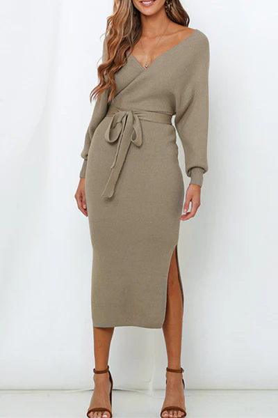 Casual Elegant Solid Backless Slit Strap Design V Neck Pencil Skirt Dresses - Panekey