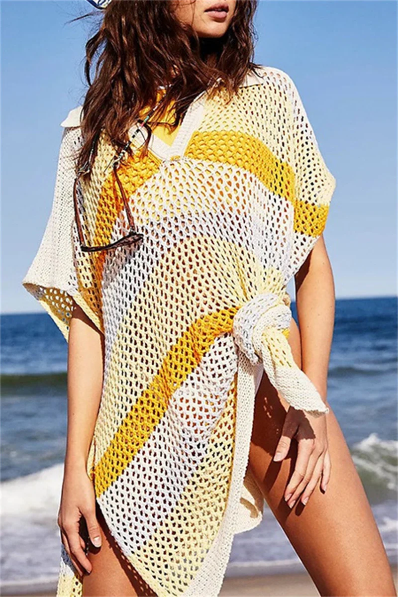 Casual Patchwork Hollowed Out Contrast Swimwears Cover Up - Panekey