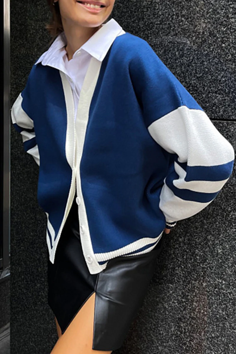 Casual Color Block Contrast V Neck Tops - Panekey