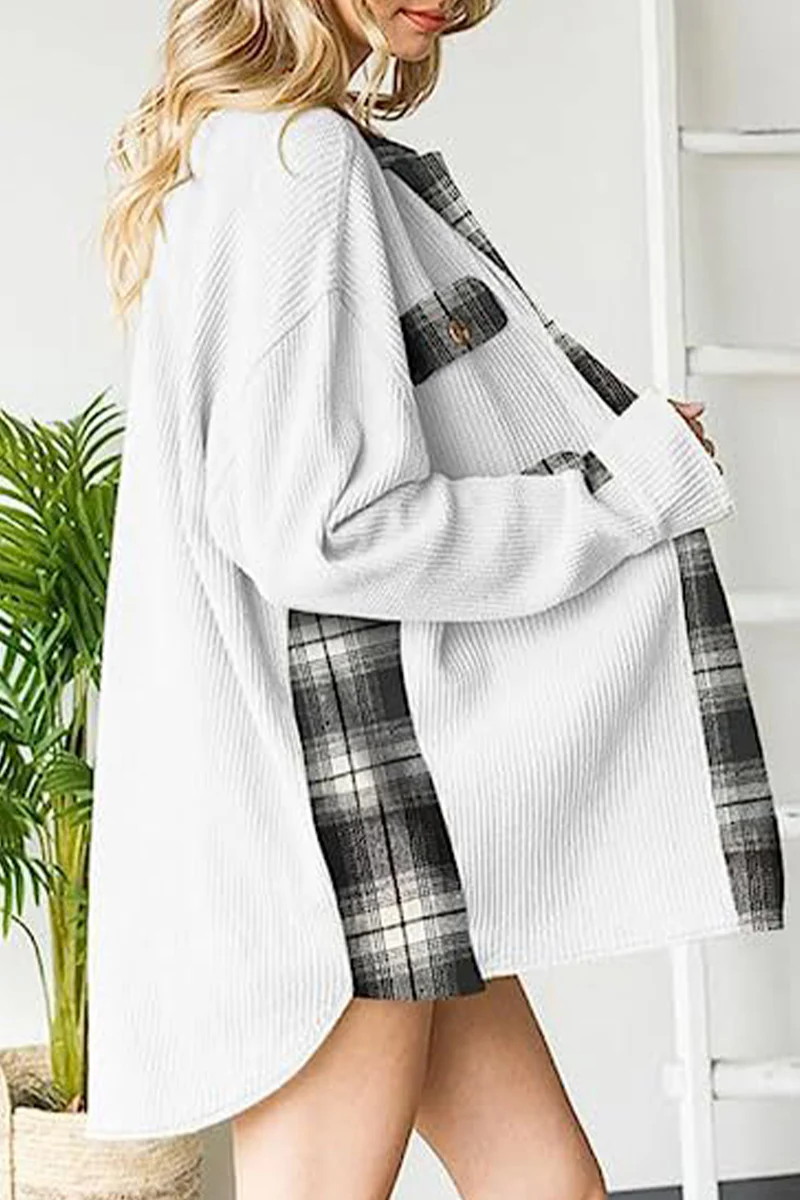 Casual Color Block Pocket Contrast Turndown Collar Tops - Panekey