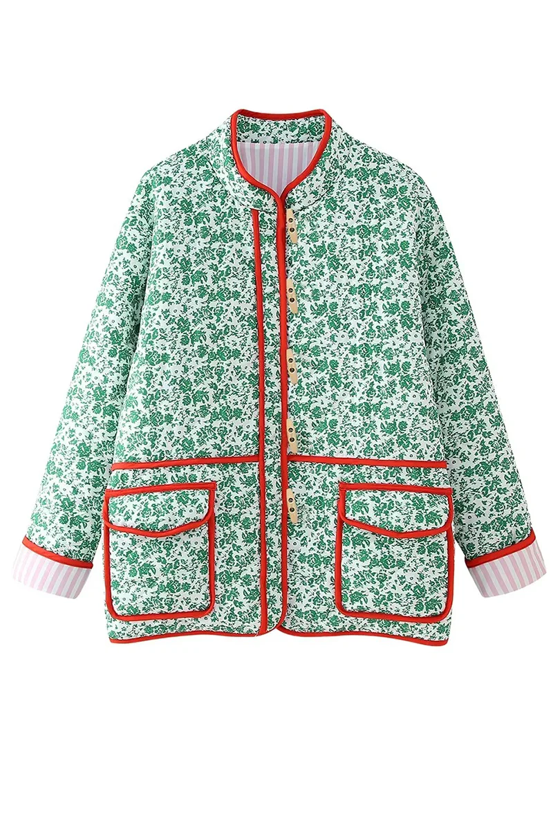 Casual Flowers Print Pocket Patchwork Contrast O Neck Outerwear - Panekey