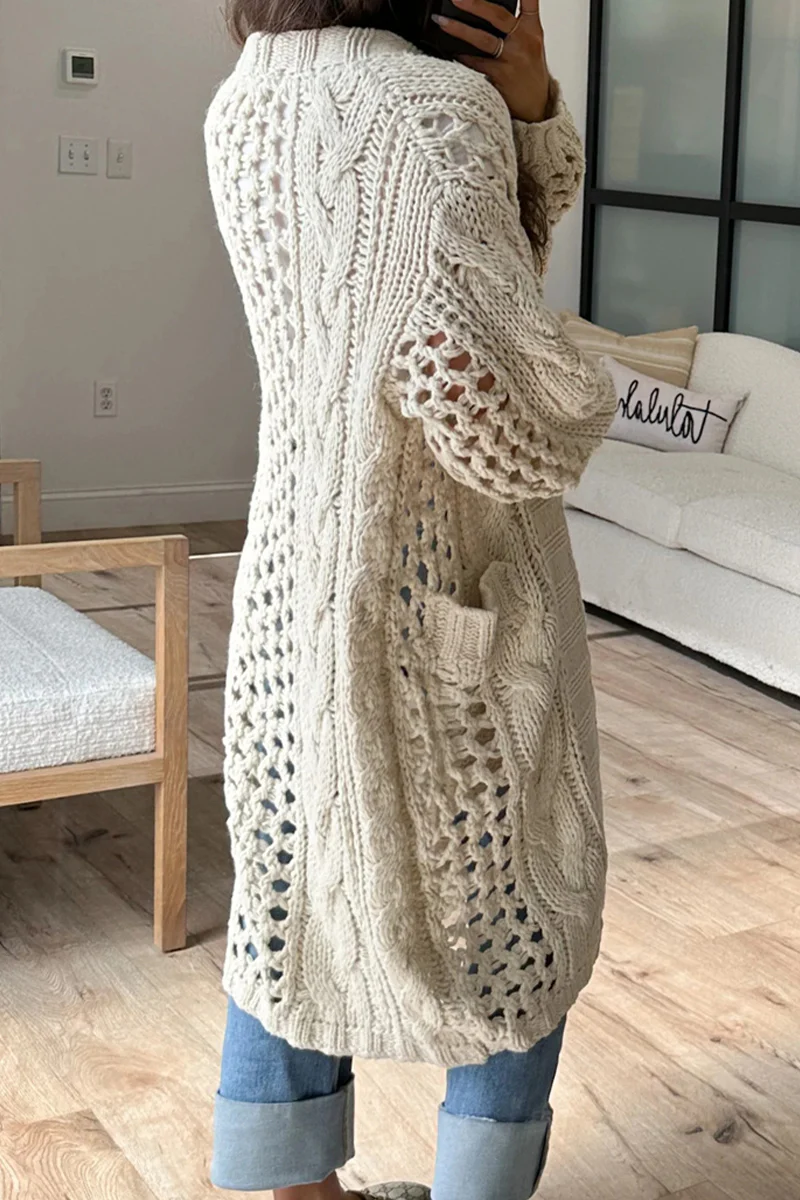 Casual Daily Solid Color Hollow Out Pocket Cardigan Collar Cardigans - Panekey