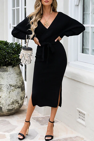 Casual Elegant Solid Backless Slit Strap Design V Neck Pencil Skirt Dresses - Panekey