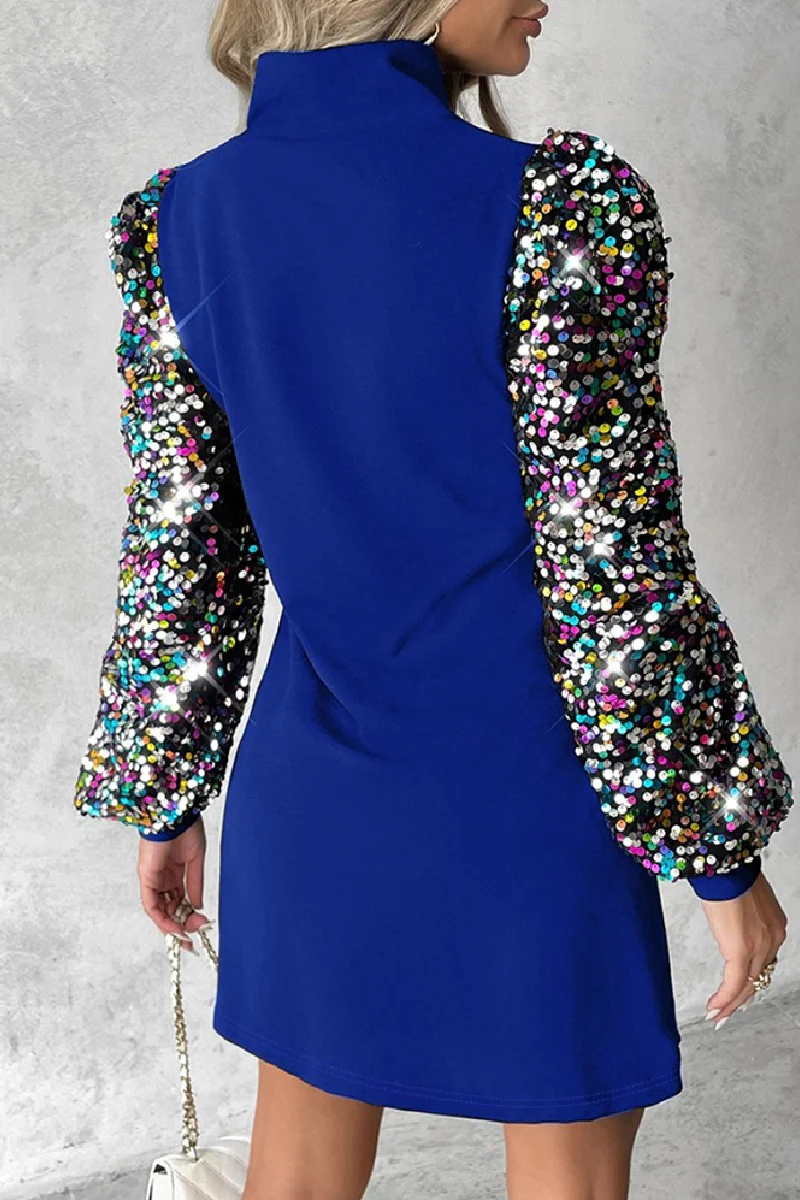 Casual Patchwork Hollowed Out Sequins Half A Turtleneck Long Sleeve Dresses - Panekey