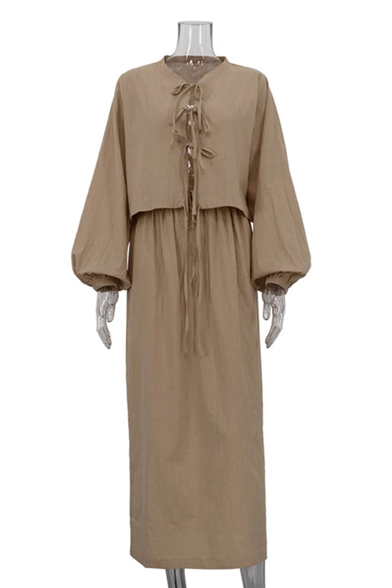 Casual Daily Solid Color Lace Up O Neck Long Sleeve Two Pieces - Panekey