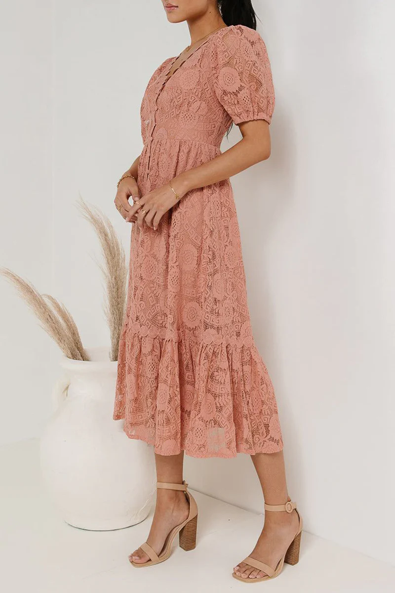 Casual Daily Solid Color Lace Buttons V Neck A Line Dresses(4 Colors) - Panekey