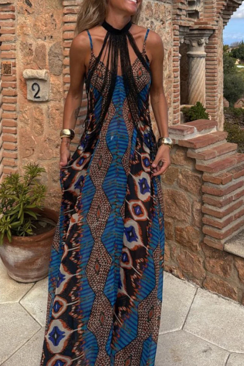 Casual Geometric Print Pocket Contrast V Neck Long Dresses - Panekey