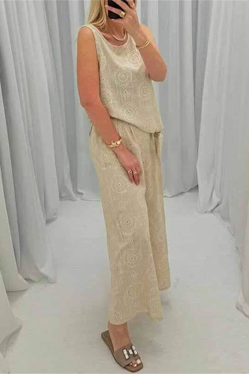 Casual Daily Solid Color Hollow Out Pocket O Neck Sleeveless Two Pieces - Panekey