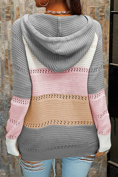 Casual Patchwork Draw String Cross Straps Contrast Hooded Collar Tops(7 Colors) - Panekey