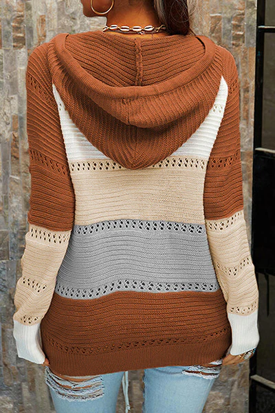 Casual Patchwork Draw String Cross Straps Contrast Hooded Collar Tops(7 Colors) - Panekey