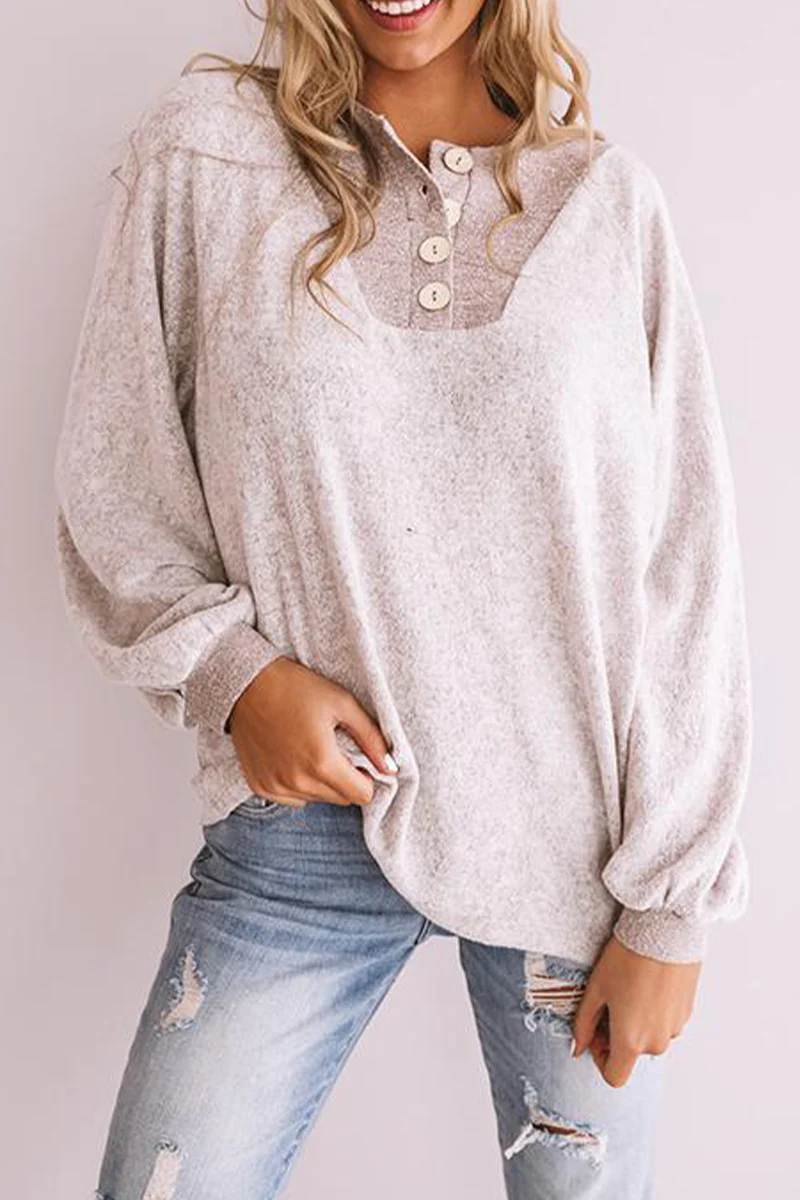 Casual Patchwork Buckle  Contrast O Neck Tops - Panekey