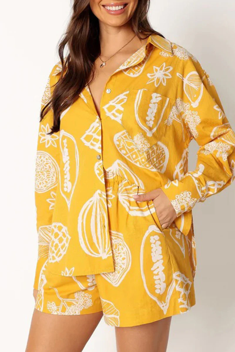 Casual Floral Patchwork Turndown Collar Long Sleeve Two Pieces - Panekey