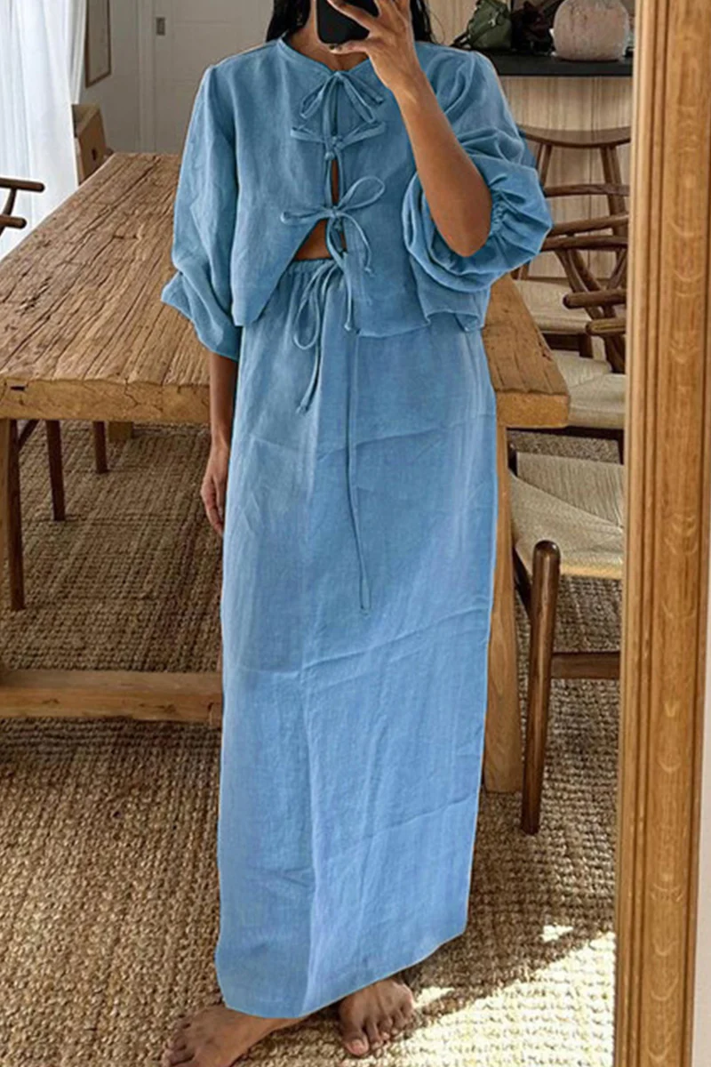 Casual Daily Solid Color Lace Up O Neck Long Sleeve Two Pieces - Panekey