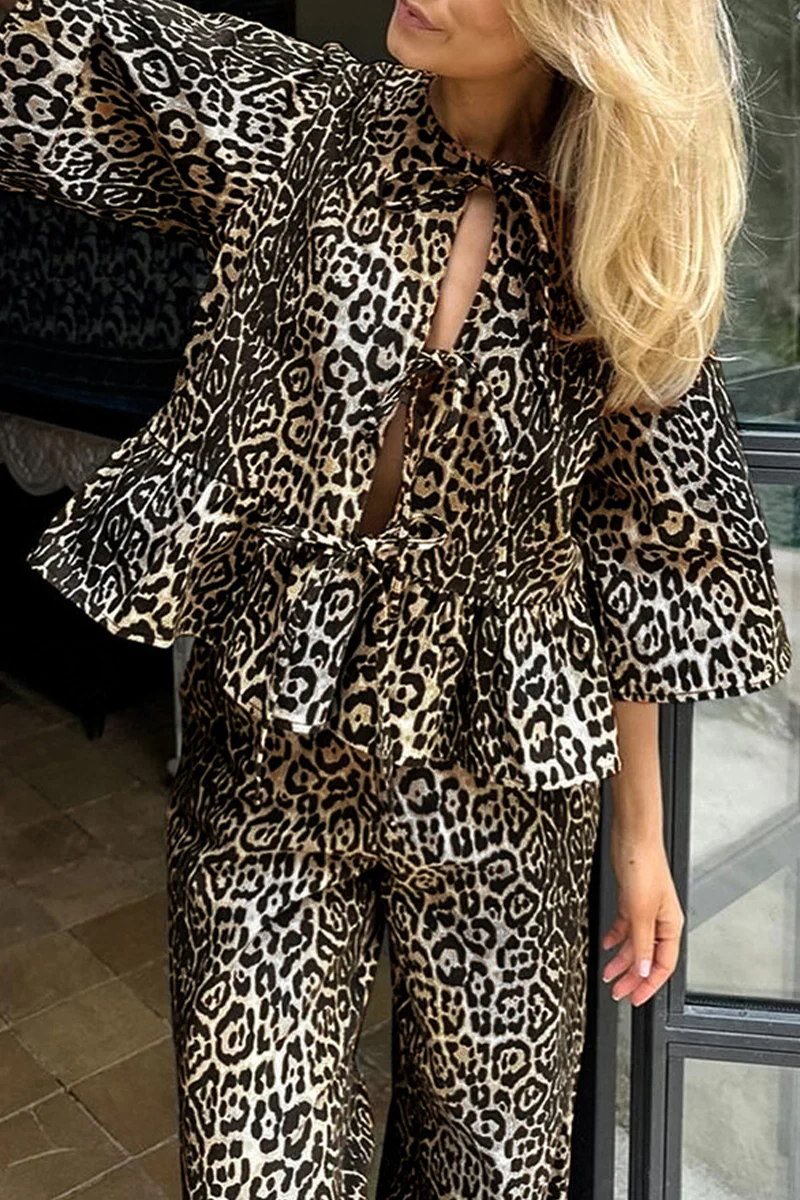 Casual Leopard Lace Up Contrast O Neck Short Sleeve Two Pieces - Panekey