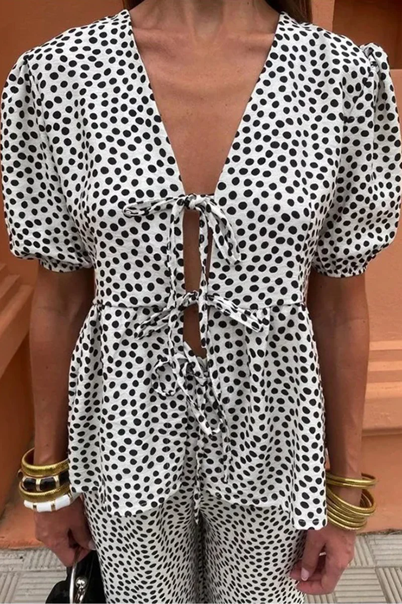 Casual Daily Lace Up V Neck Short Sleeve Two Pieces(3 Colors) - Panekey