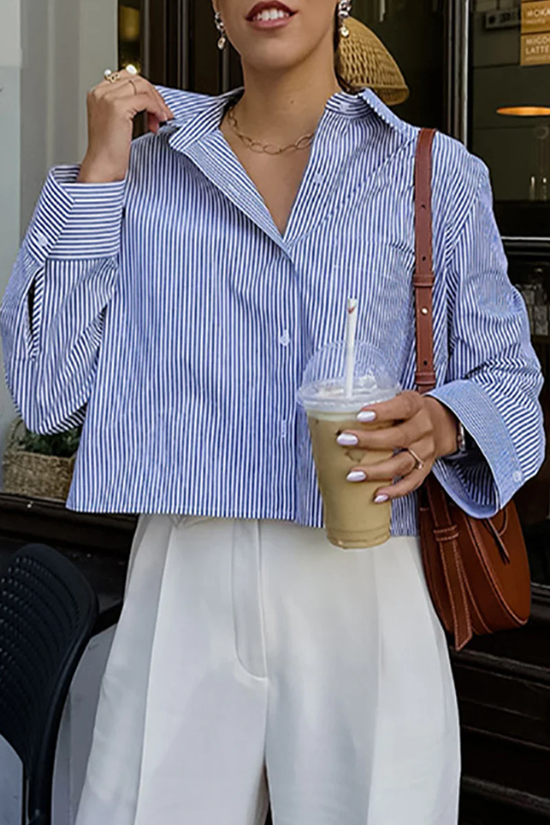 British Style Elegant Striped Patchwork Turndown Collar Tops - Panekey