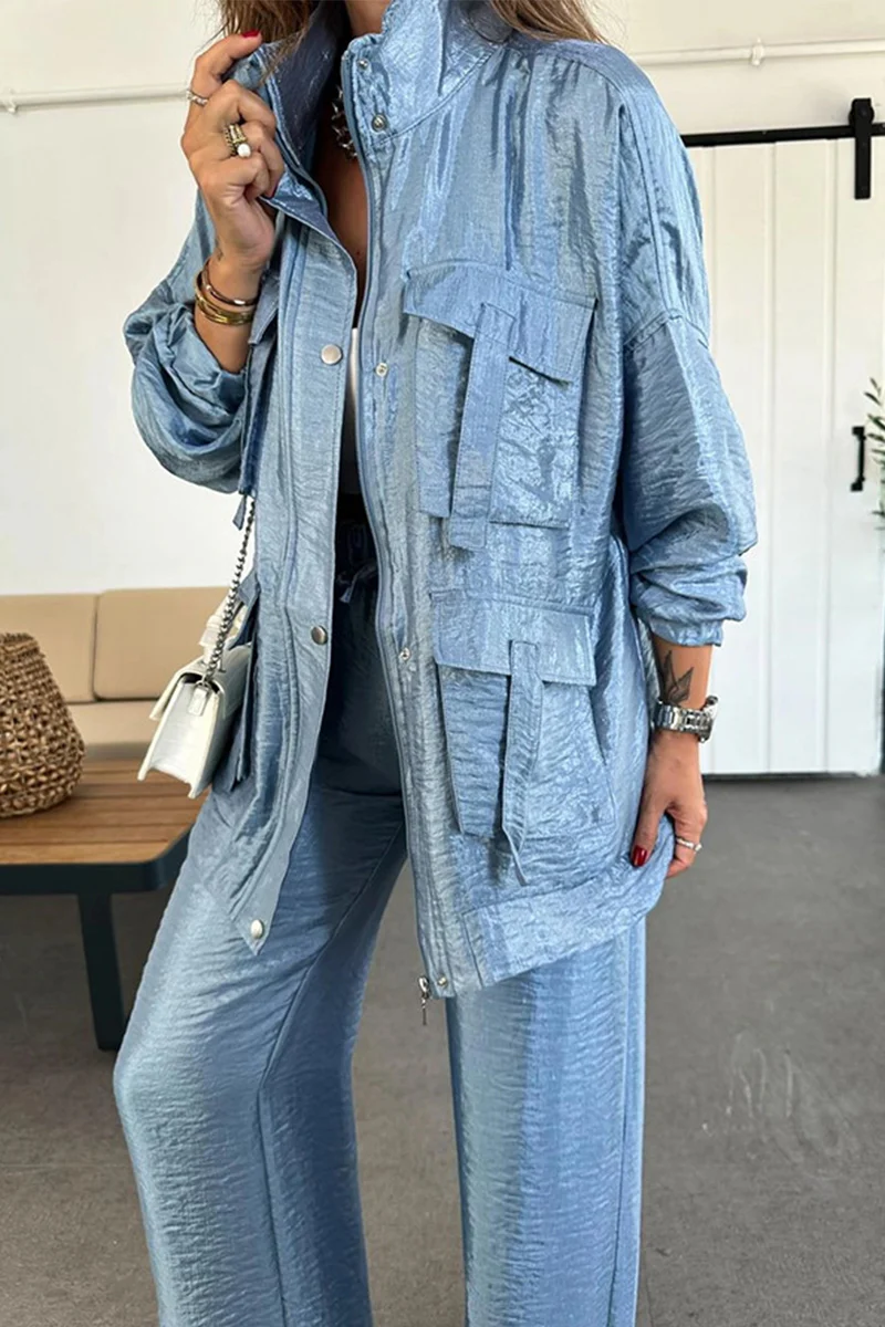 Casual Pocket Ruched Mandarin Collar Long Sleeve Two Pieces(6 Colors) - Panekey