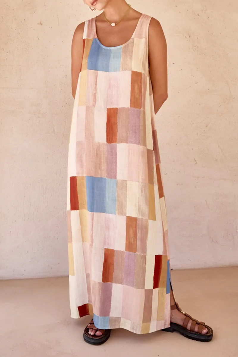 Casual Plaid Cardigan U Neck Sleeveless Dresses - Panekey