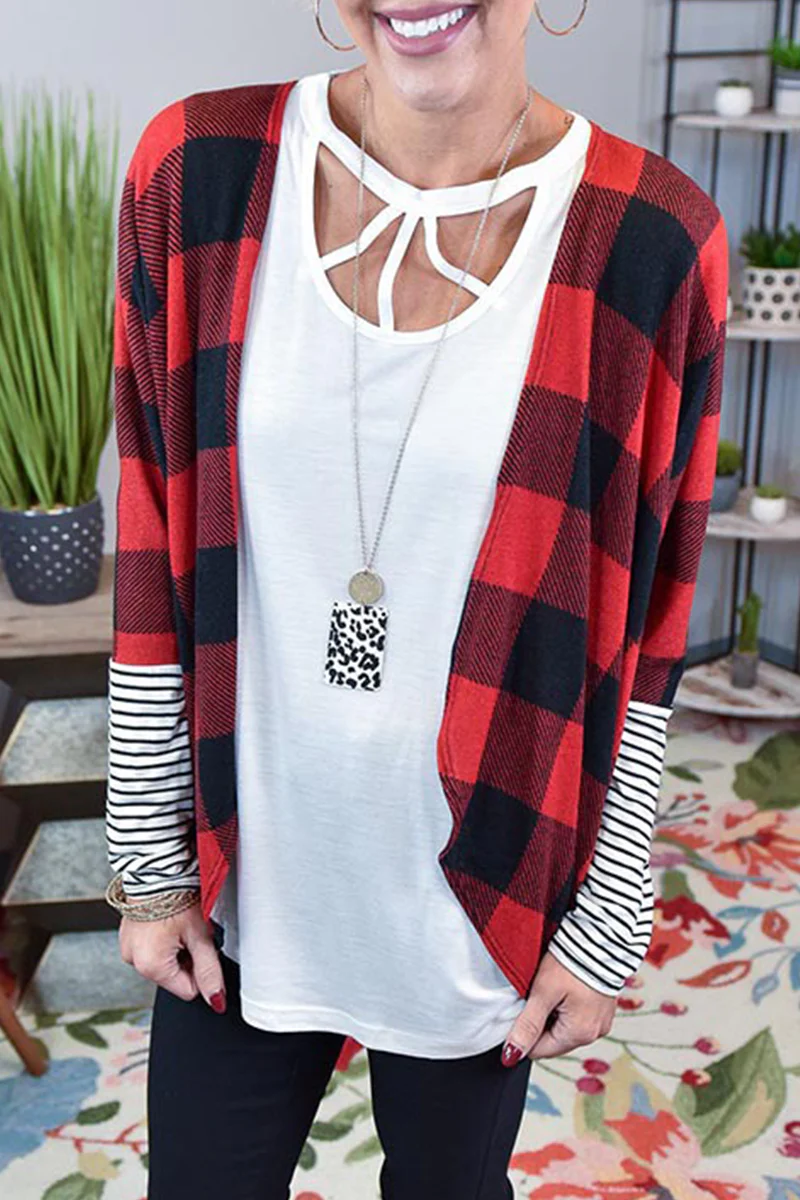 Casual Plaid Striped Patchwork Contrast Tops - Panekey