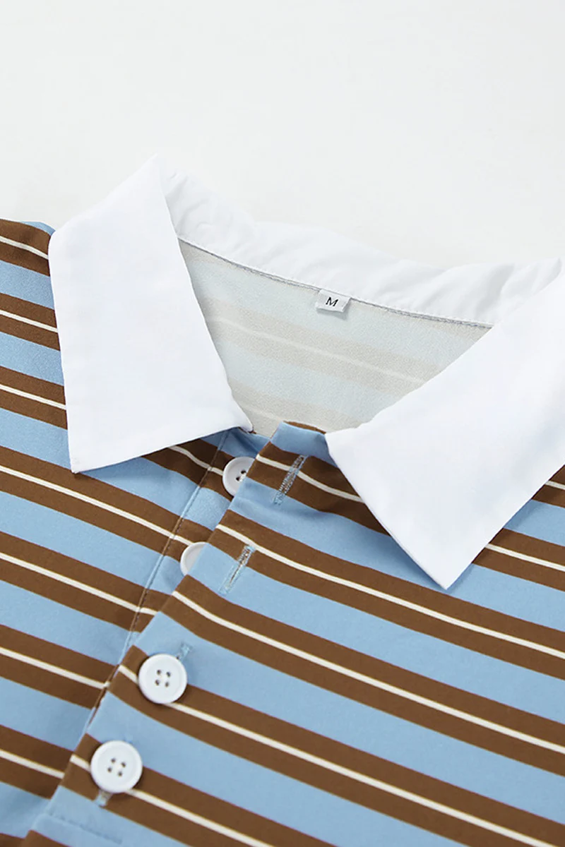 Casual Daily Striped Print Buttons Contrast Turndown Collar Tops - Panekey