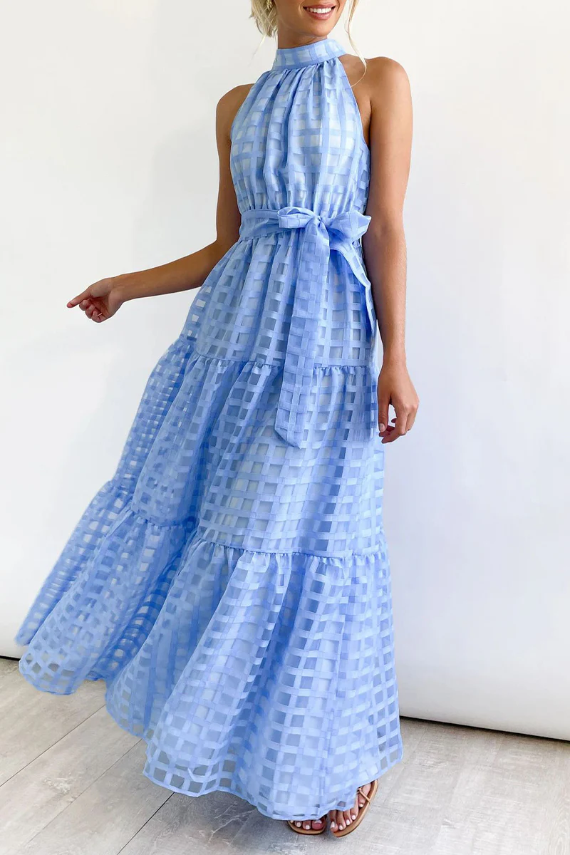 Bohemian College Plaid Frenulum See-through Halter A Line Dresses - Panekey