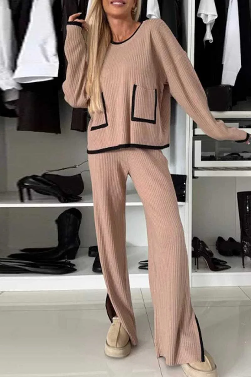 Casual Patchwork Slit O Neck Long Sleeve Two Pieces(3 Colors) - Panekey