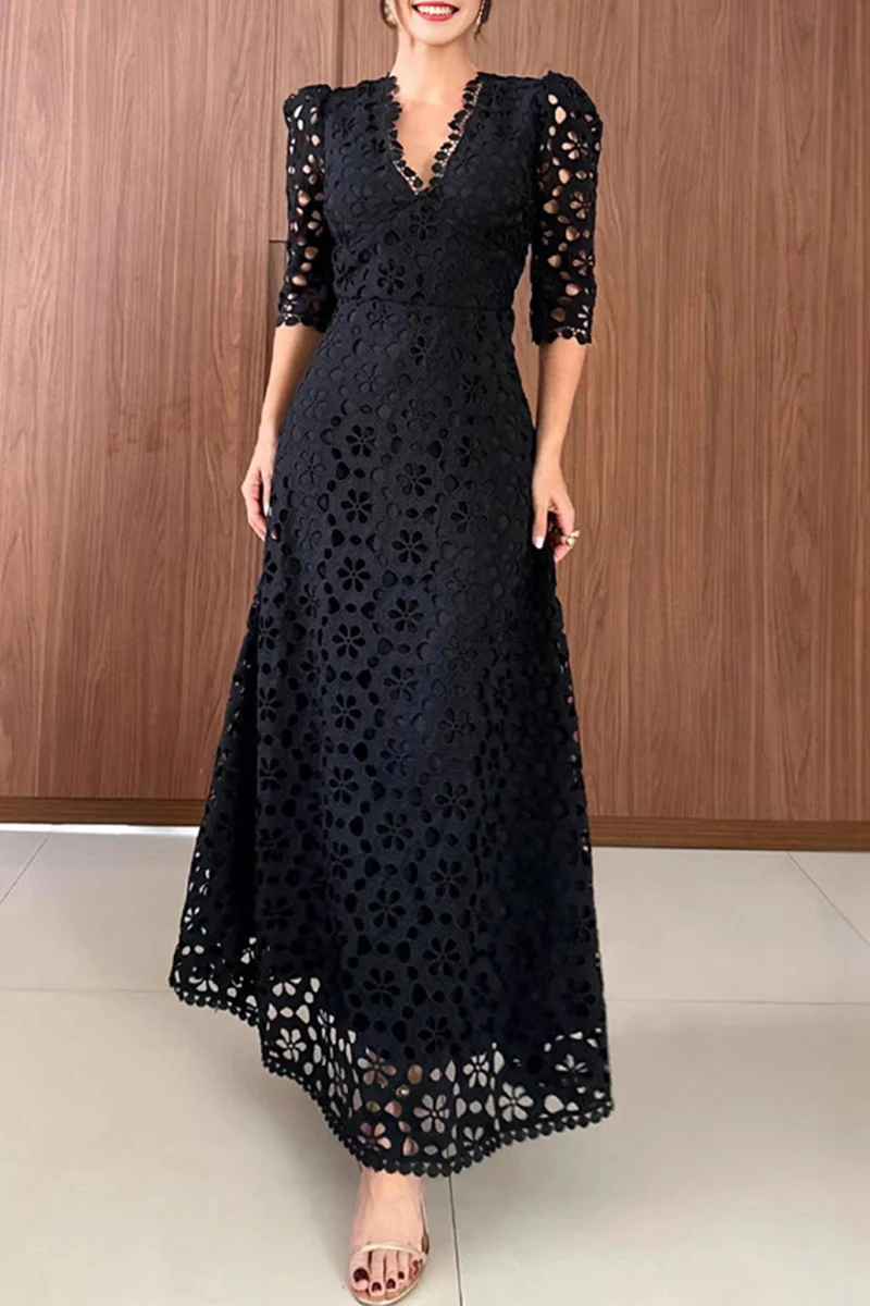 Casual Flowers Hollow Out Zipper V Neck Long Dresses - Panekey