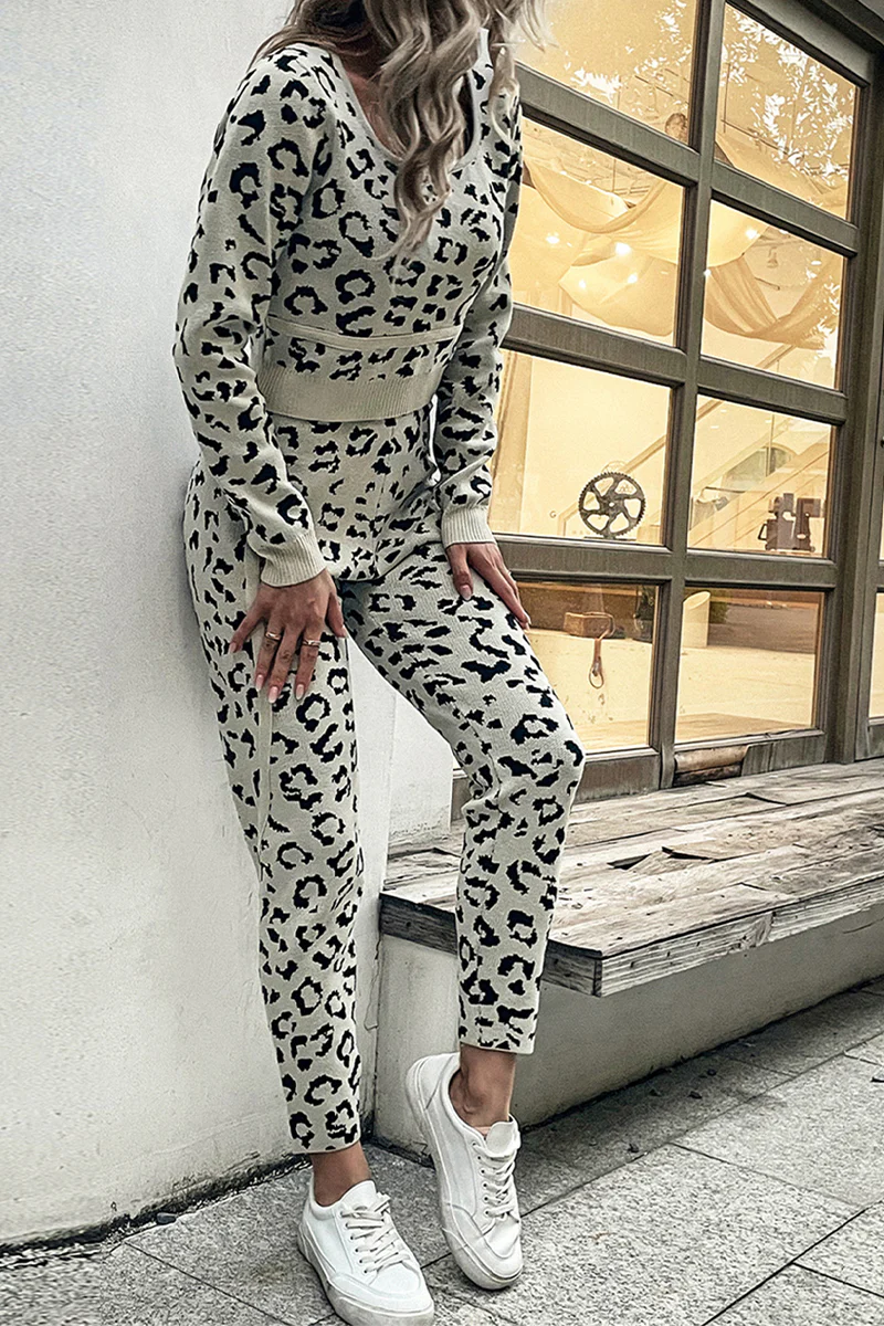 Casual Leopard Patchwork O Neck Long Sleeve Two Pieces - Panekey