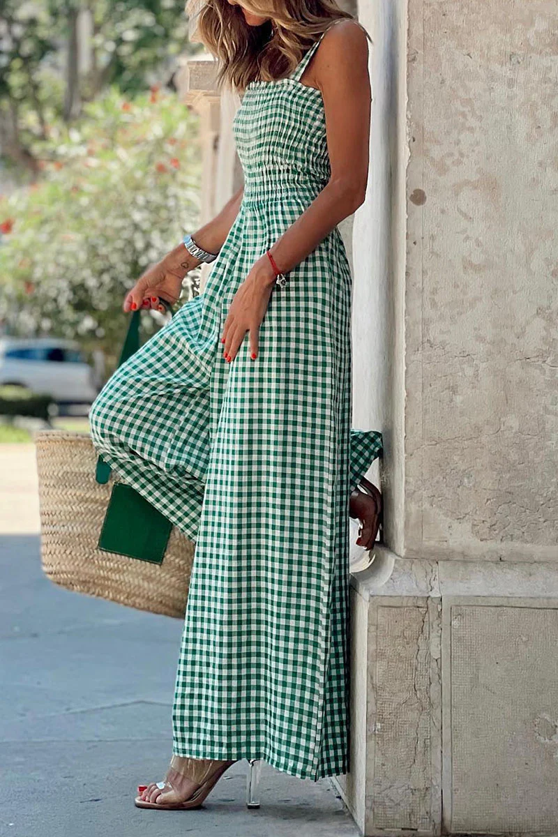Casual Plaid Print Patchwork Spaghetti Strap Straight Jumpsuits(4 Colors) - Panekey