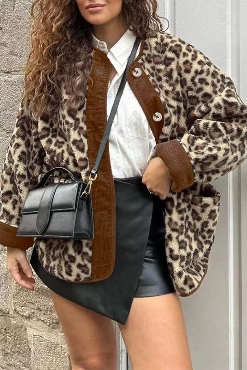 Casual Leopard Pocket Buttons Patchwork O Neck Outerwear - Panekey