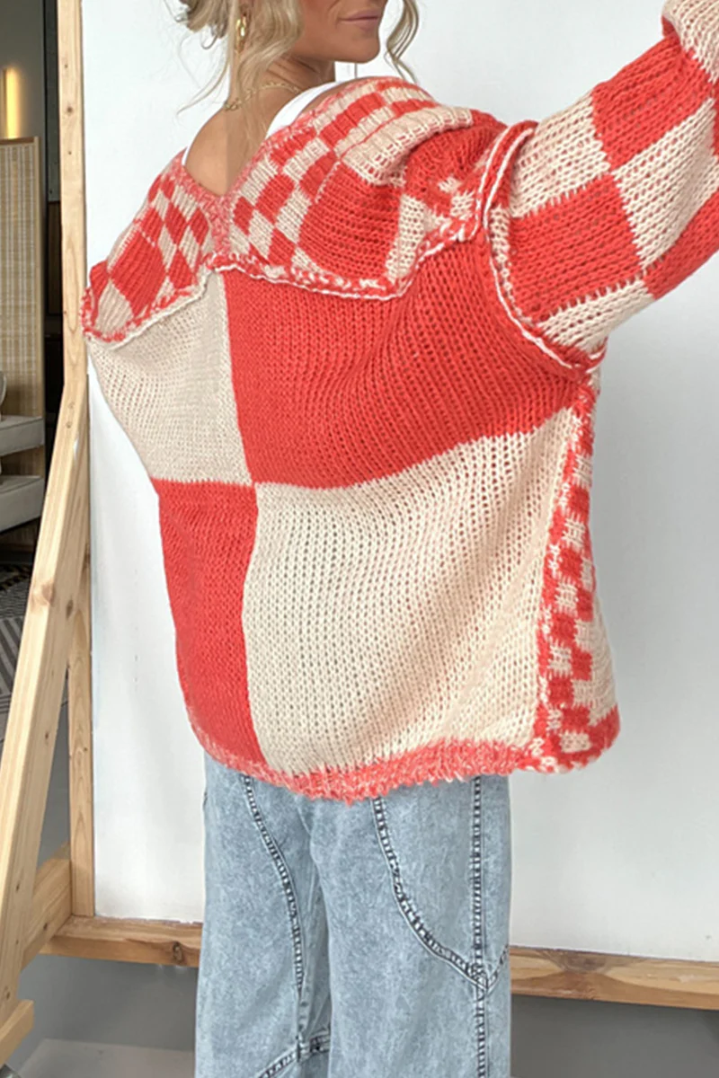 Casual Plaid Weave Contrast V Neck Outerwear(3 Colors) - Panekey