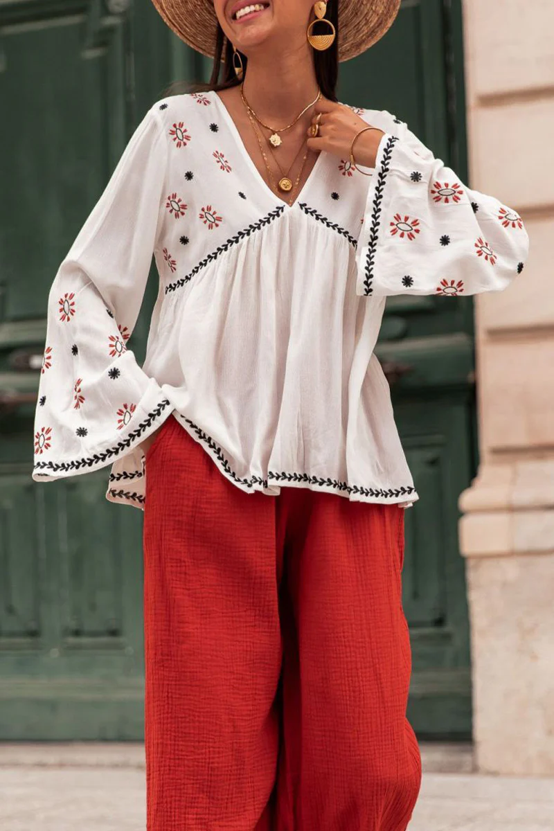 Casual Geometric Print Patchwork V Neck Tops - Panekey