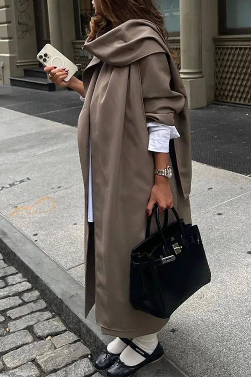 British Style Elegant Solid Pocket Buckle Scarf Collar Outerwear - Panekey