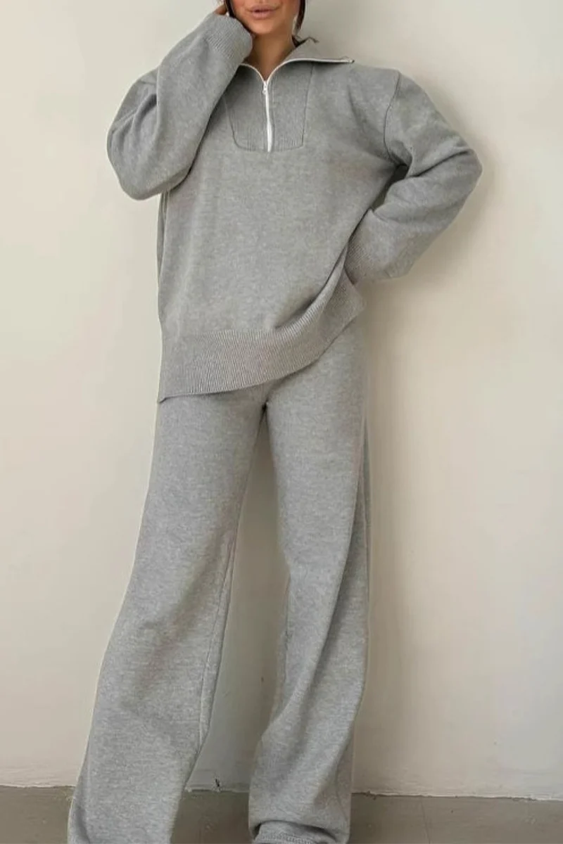 Casual Patchwork Zipper Turndown Collar Long Sleeve Two Pieces(4 Colors) - Panekey