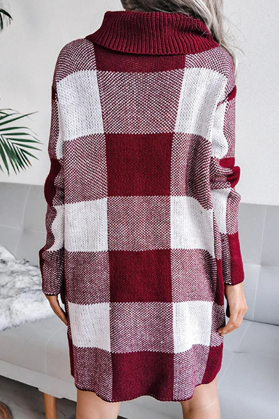 Casual Plaid Split Joint  Contrast Turtleneck Pencil Skirt Dresses Sweater (Without Belt) - Panekey