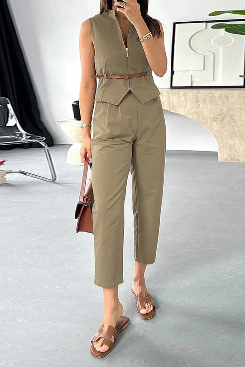 Casual Daily Solid Color Without Belt Zipper Mandarin Collar Sleeveless Two Pieces - Panekey
