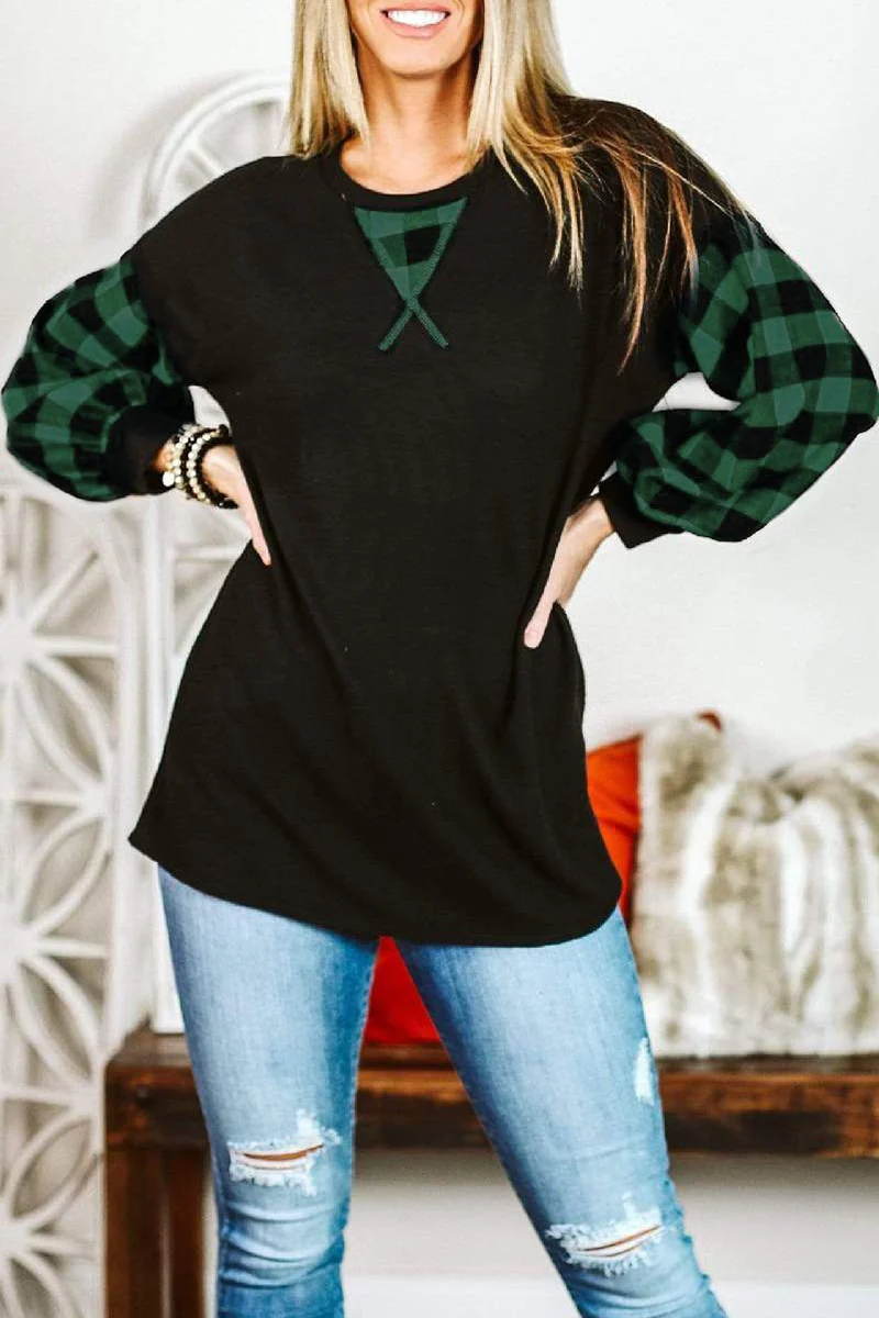 Casual Plaid Split Joint O Neck Tops - Panekey
