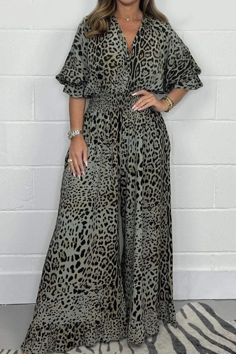 Casual Leopard Contrast V Neck Loose Jumpsuits(4 Colors) - Panekey