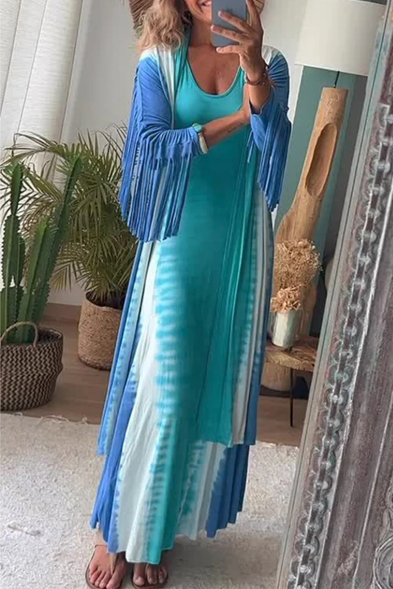 Casual Geometric Print Tassel Cardigan Collar Outerwear - Panekey