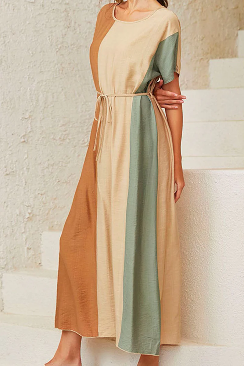 Casual Color Lump With Belt  Contrast O Neck Dresses - Panekey