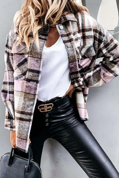 Casual Plaid Buckle Turndown Collar Outerwear(3 Colors) - Panekey